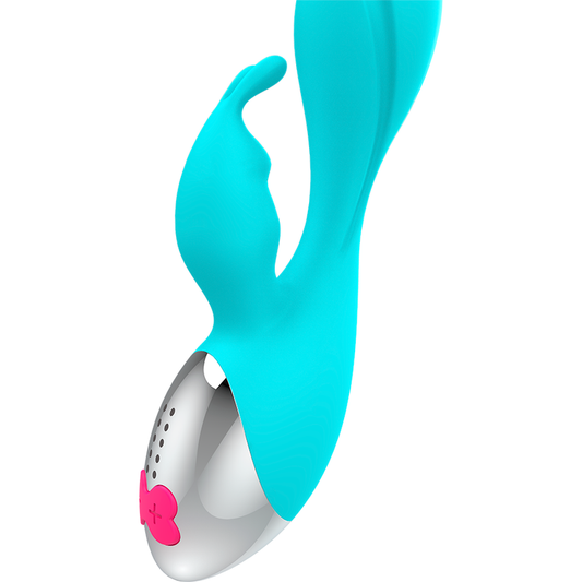 Vibrator Rabbit, HAPPY LOKY - Miki, Stimulator Punct G si Clitoris, 7 Vibratii, Silicon, Turcoaz, 19,5 cm
