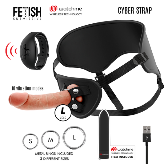 Ham cu Dildo, FETISH SUBMISSIVE - Cyber Strap cu Vibrator Telecomanda WatchMe, Silicon, Marimea L
