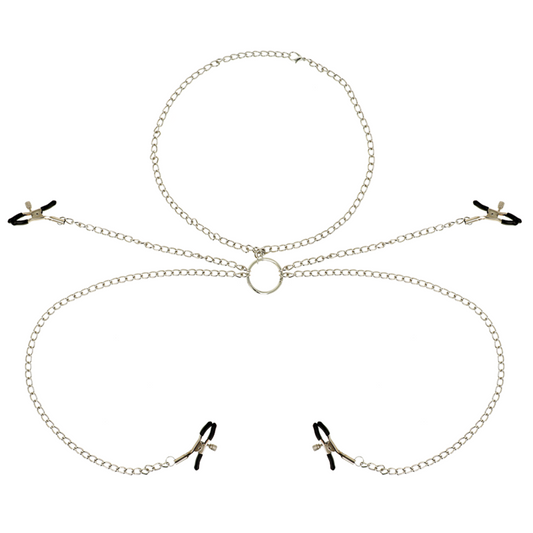 Cleme pentru Sfarcuri cu Lant Colier, OHMAMA FETISH - Set 4 Bucati, Metal