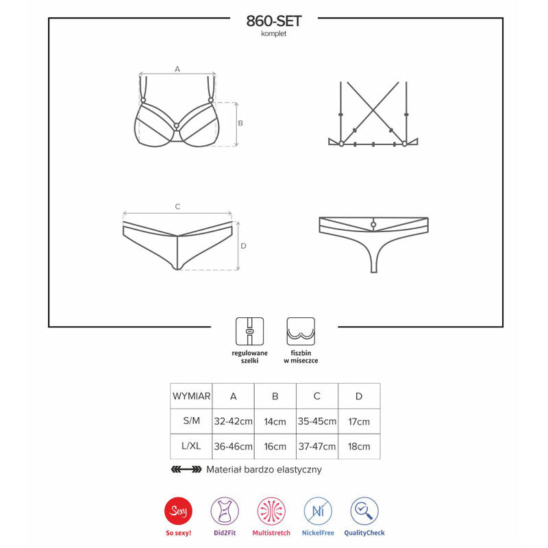Set Doua Piese, Obsessive - 860, Dantela cu Model de Trandafiri, S/M Negru