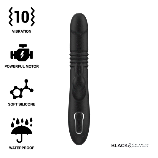 Vibrator Rabbit Sus-Jos, BLACK&SILVER - Kenji, cu Telecomanda Watchme, Silicon, 24,5 cm
