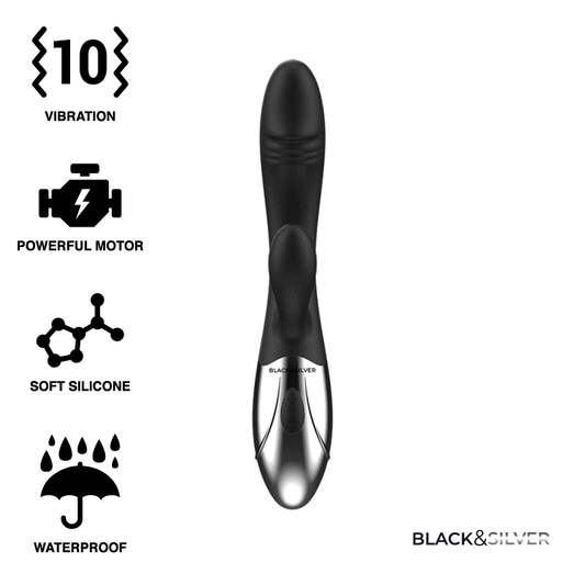 Vibrator Rabbit, BLACK&SILVER - Kaleb Stimulating Vibe, Dublu Motor, Silicon, 20 cm