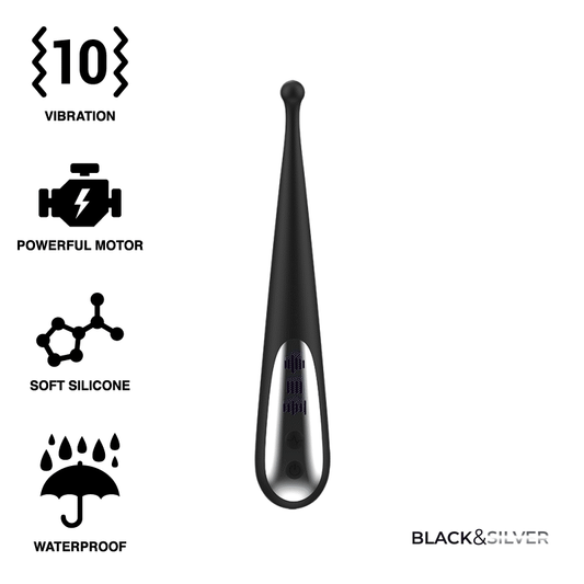 Vibrator Stimulator, BLACK&SILVER - Kenneth, 10 Moduri Vibratii, Silicon, 19 cm
