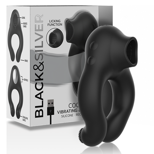 Inel pentru Penis cu Vibratii, BLACK&SILVER - 3 Motoare, Reincarcabil, Efect Licking, Negru