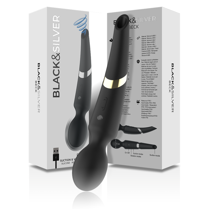 Vibrator Reincarcabil din Silicon, Black&Silver - Beck, Vibratii si Suctiune, Negru