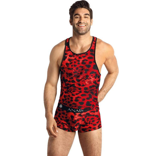Top Barbatesc Fara Maneci, ANAIS MEN - Savage, Microfibra Rosie cu Print Animal