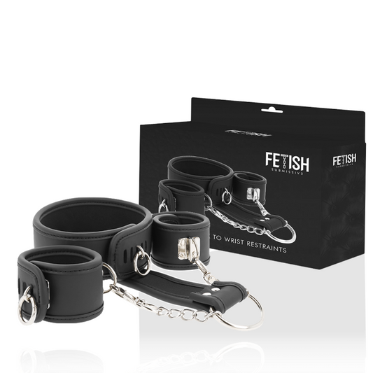 Set Zgarda si Catuse, FETISH SUBMISSIVE - Piele Vegana cu Captusala Neopren, Negru