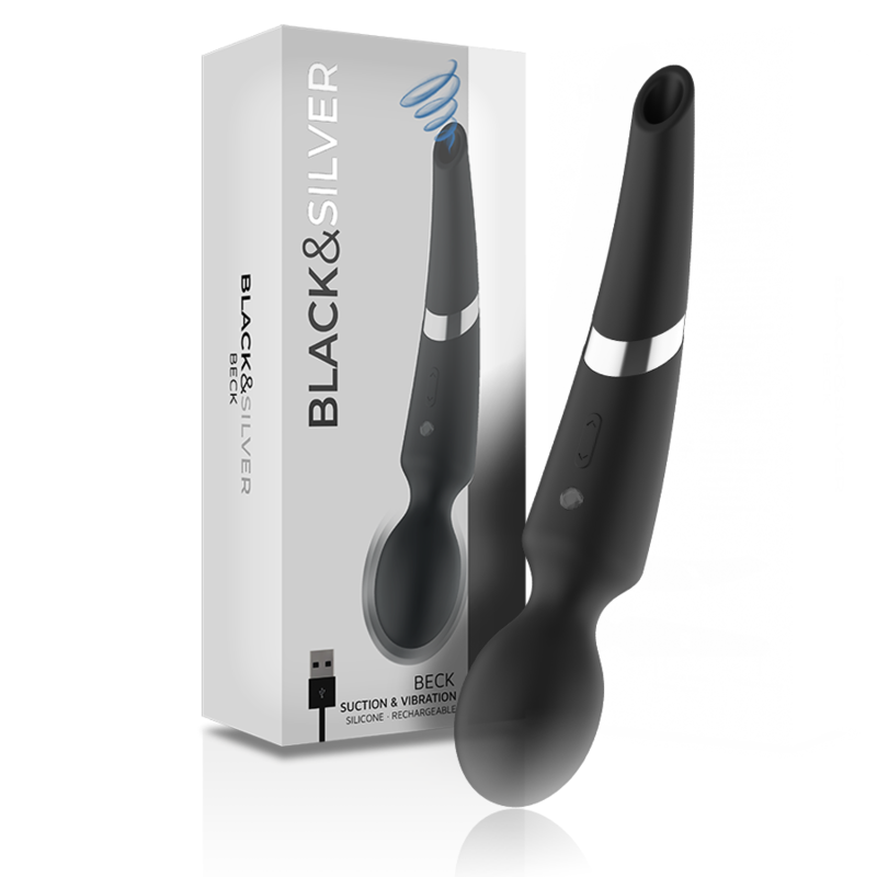 Vibrator Reincarcabil din Silicon, Black&Silver - Beck, Vibratii si Suctiune, Negru