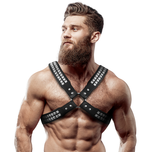 Ham Piept Barbati, FETISH SUBMISSIVE ATTITUDE - Piele Eco Incrucisata cu Nituri, Reglabil