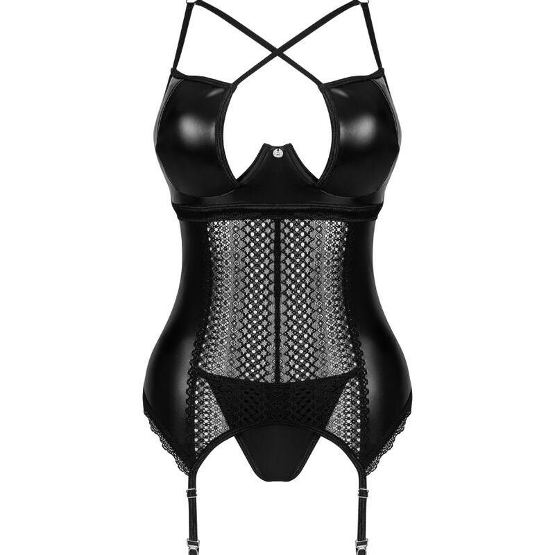 Set Corset si Chilot, Obsessive - Norides, Dantela si Latex Elastic, Negru XS/S