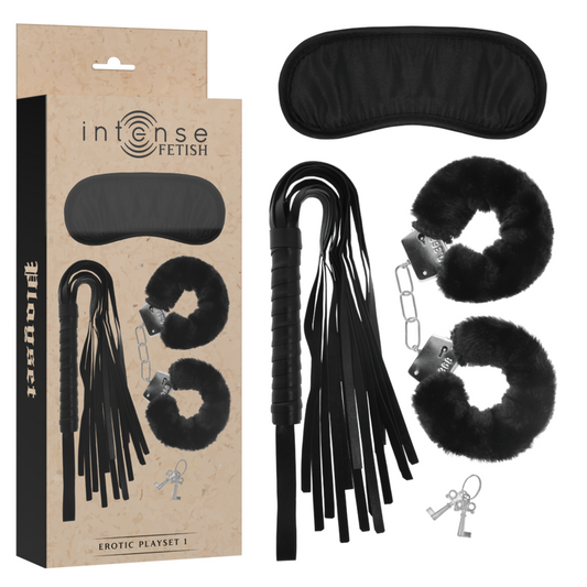 Set Erotic Fetish, INTENSE - cu Catuse, Masca pentru Ochi si Bici, Piele Vegana