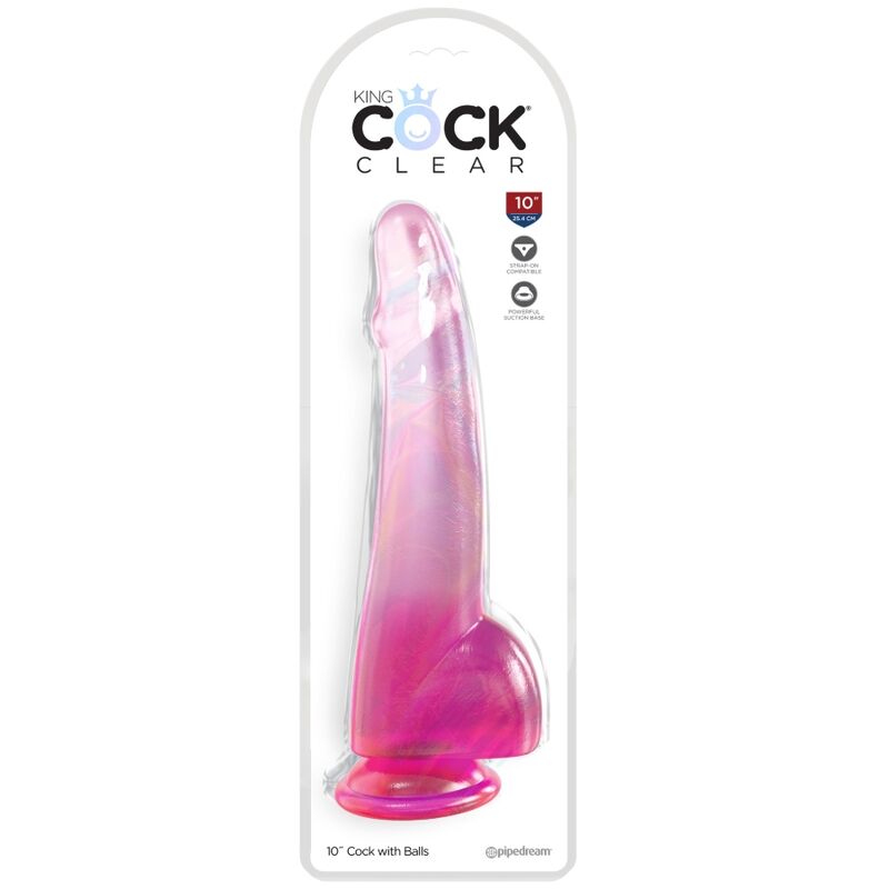 Dildo, King Cock - Clear, cu Testicule, 19 CM Roz