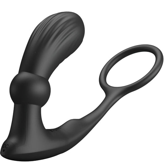 Inel pentru Penis cu Dop Anal si Vibratii, PRETTY LOVE - Warren, 12 Functii, Negru