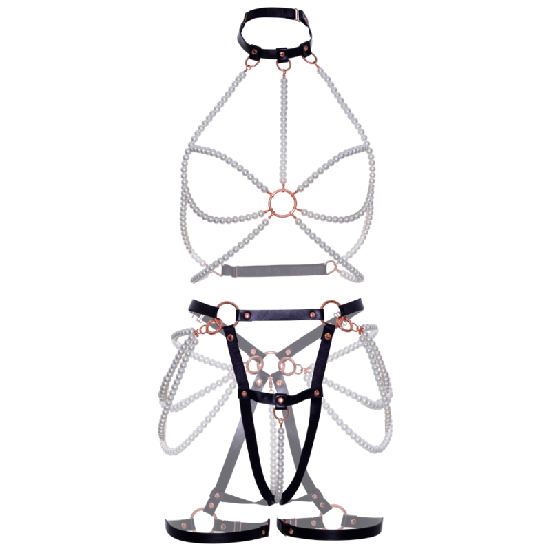 Set Harness, Leg Avenue - Jartiera cu Perle, Piele Vegana, S