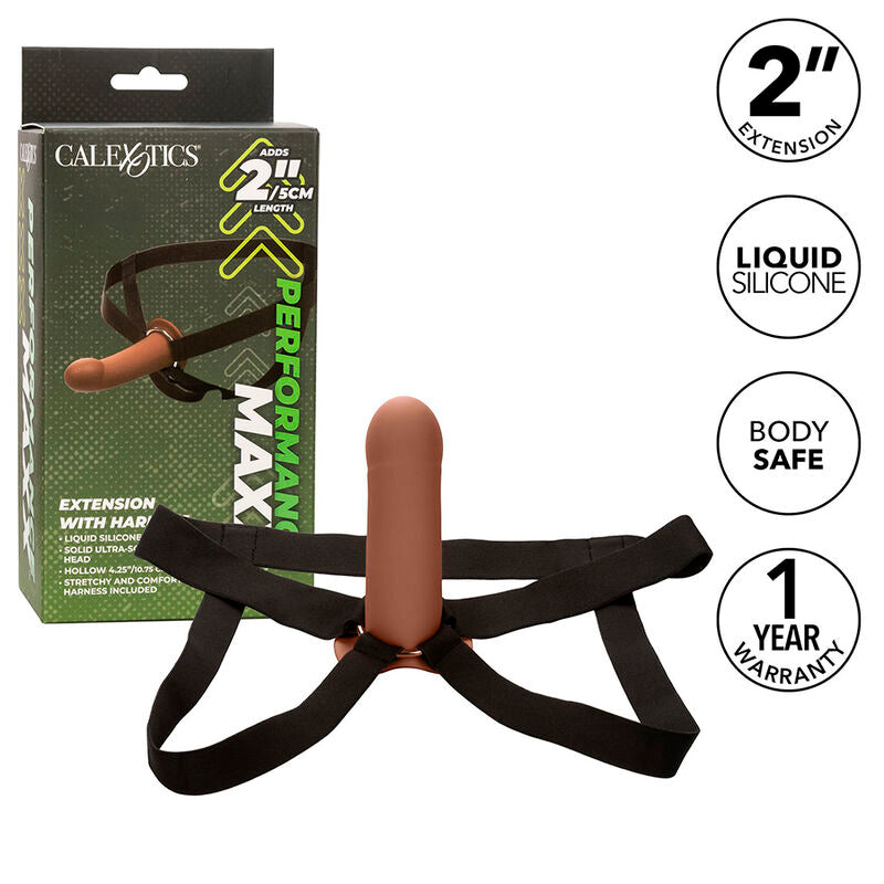 Extensie, CalExotics - Performance Maxx Extension cu Harness, Silicon Lichid Premium, Brown Skin