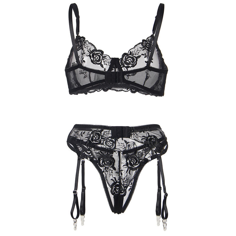 Set Lenjerie, Subblime, 3 Piese Sutien + Chilot + Portjartier cu Imprimeu Floral, Negru S/M