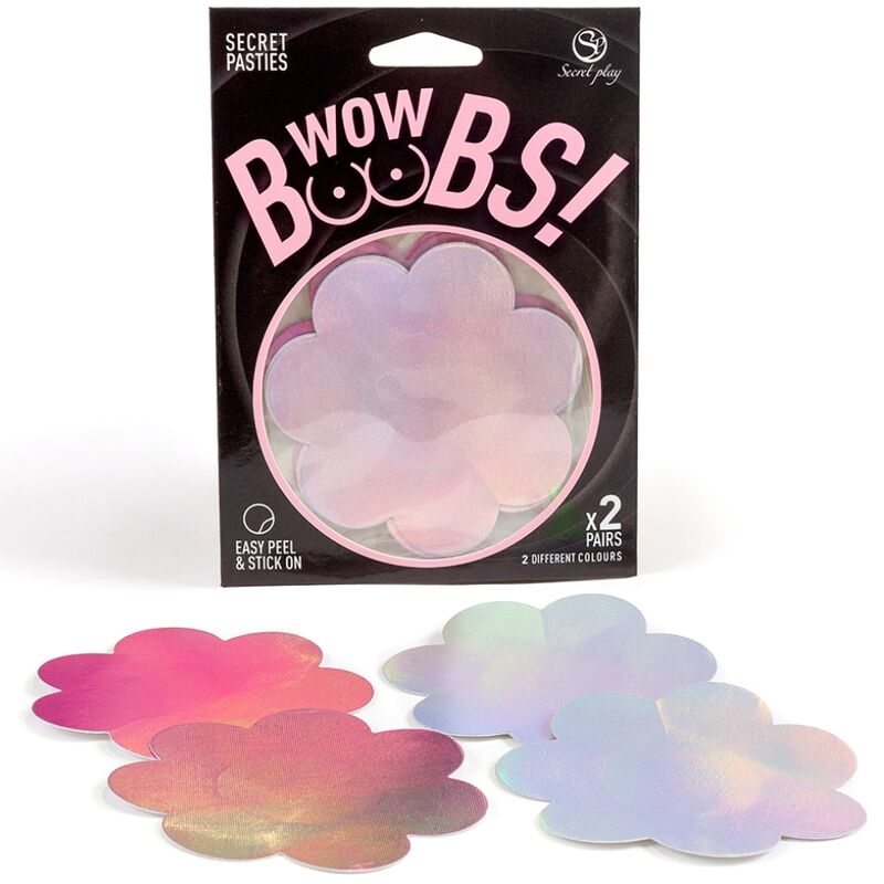 Acoperitoare pentru Sfarcuri, Secret Play - Wow Boobs Flower, Holografic, Set 2 Perechi Argintiu si Roz