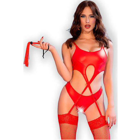 Set Lenjerie Eco-Piele, CHILIROSE - CR 4625, cu Bici, Ciorapi si Tanga Decupat, Rosu, S
