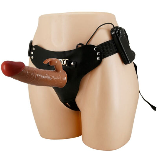 Ham cu Dildo Vibrator, PRETTY LOVE - Marion, Chilot Universal cu Vibratii, 19 cm, Maro