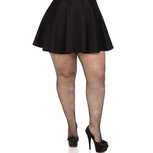 Ciorapi Plasa cu Strasuri, LEG AVENUE - Crystalized Mesh, Negru, Plus Size