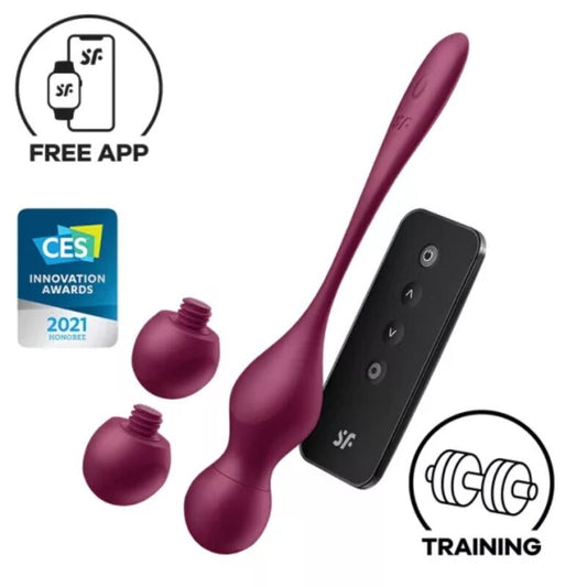 Bile Kegel cu Vibratii, SATISFYER - Love Birds Vary, cu Aplicatie, Rosu Burgundy