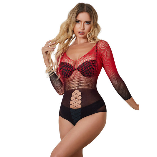 Rochie Plasa Elastica cu Maneci Lungi, SUBBLIME - Gradient Rosu-Negru, Marime Unica