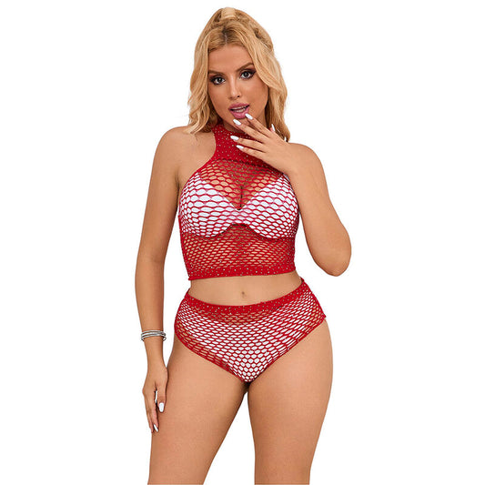 Set Lenjerie Plasa cu Diamante Roz, SUBBLIME - 952402, Rosu, Marime Unica