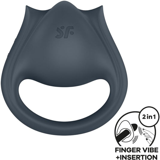 Inel pentru Penis Multivibrator 2 in 1, SATISFYER - Perfect Pair 2 cu Stimulator Deget, Gri