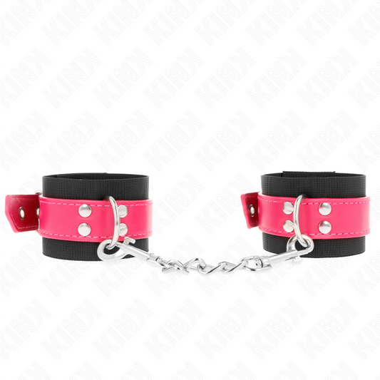 Catuse din Nylon pentru Incheietura Mainii, KINK - Negru cu Curea din Piele Eco Roz Zmeura, Reglabile, 19-29 cm x 5,1 cm