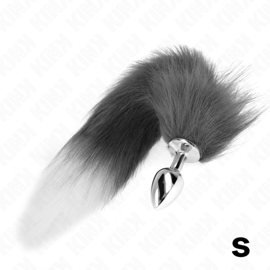 Dop Anal cu Coada Sintetica, KINK - Marime S, Silicon, Gri si Alb, 7 x 3 cm, Coada 40 cm