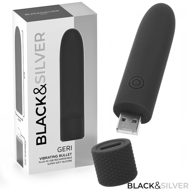 Vibrator Bullet, Black&Silver - Geri, Reincarcabil USB 8 Vibratii, Negru 10 X 2.2 CM