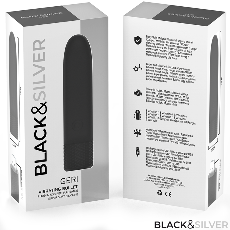 Vibrator Bullet, Black&Silver - Geri, Reincarcabil USB 8 Vibratii, Negru 10 X 2.2 CM