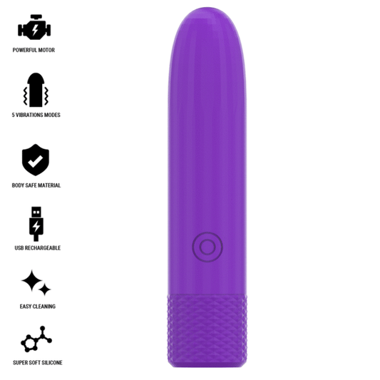 Vibrator Bullet Reincarcabil USB, INTENSE - Symone, 8 Vibratii, Mov, 10 x 2,2 cm