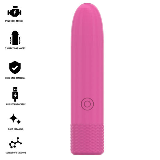 Vibrator Bullet Reincarcabil USB, INTENSE - Symone, 8 Vibratii, Roz, 10 x 2,2 cm