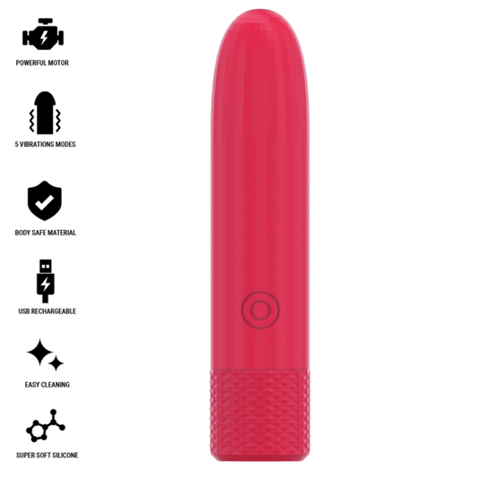Vibrator Bullet Reincarcabil USB, INTENSE - Symone, 8 Vibratii, Rosu, 10 x 2,2 cm
