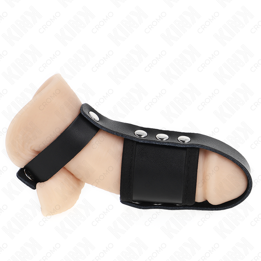 Cusca pentru Penis din Piele, KINK - Inel cu Separator Testicular Reglabil
