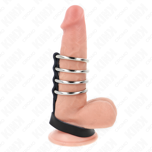 Set 4 Inele pentru Penis, KINK - Metal, 3,8 cm, cu Curea din Piele 22 x 1,5 cm si Inchidere cu Presiune