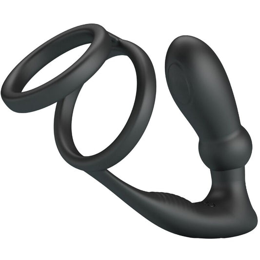 Inel pentru Penis cu Dop Anal, PRETTY LOVE - Emoni, 12 Vibratii, Negru