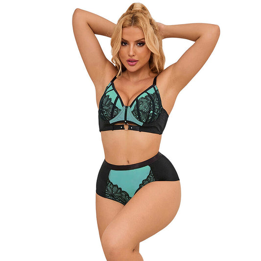 Set Lenjerie Push-up din Dantela si Plasa, SUBBLIME - Verde, L/XL