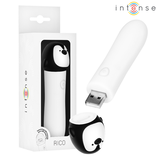 Glont Vibrator Pinguin, INTENSE - RICO, 8 Moduri, Reincarcabil USB, 10 x 2,2 cm
