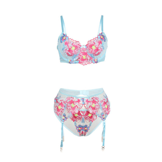 Set Sutien si Curea de Jartiera cu Broderie Florala, SUBBLIME - Plasa Transparenta
