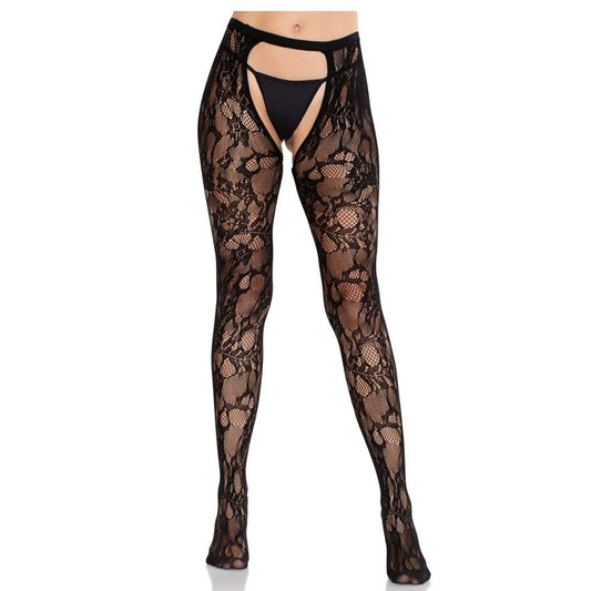 Ciorapi cu Dantela Trandafiri, LEG AVENUE - Rose Lace, Spate Deschis, Negru