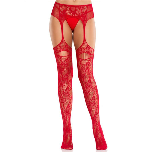 Ciorapi Plasa cu Jartiere Integrate, LEG AVENUE - Lace Garters, Rosu