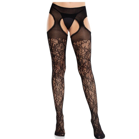 Ciorapi Dantela Florala cu Jartiere Incrucisate, LEG AVENUE - Floral Lace United, Negru