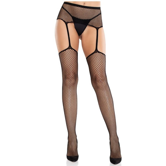 Ciorapi cu Plasa si Curea de Jartiera, LEG AVENUE - cu Model Cruce si Cusatura Spate, Negru