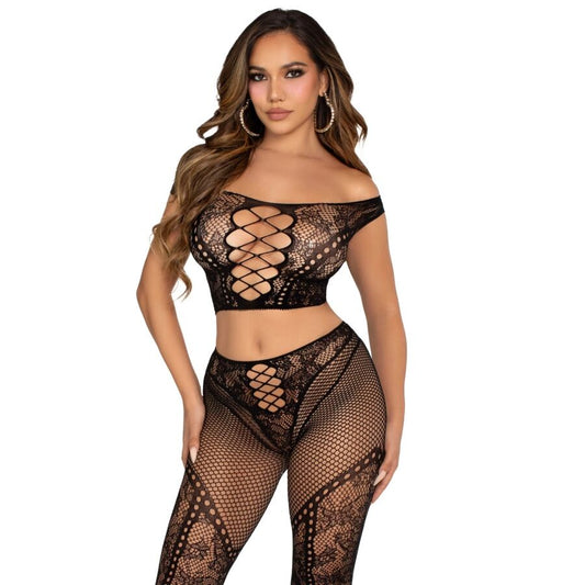 Set Crop Top si Colanti Plasa cu Umeri Goi, LEG AVENUE - Dantela si Plasa, Negru