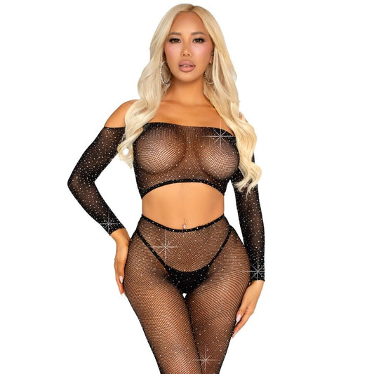 Set Crop Top si Colanti Plasa cu Strasuri, LEG AVENUE - Sclipitor, Negru