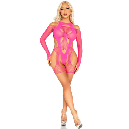 Bodystocking Plasa cu Corset si Ham, LEG AVENUE - Fishnet Garter Harness, Roz Neon