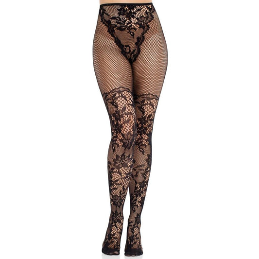 Ciorapi Dahlia cu Dantela si Detalii Plasa, LEG AVENUE - Negru