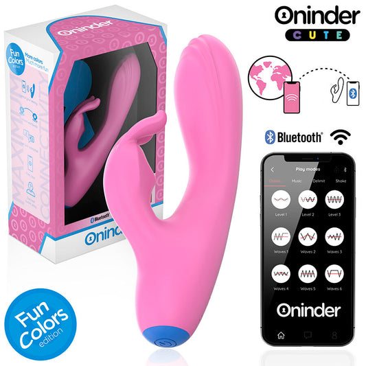 Vibrator Rabbit Punct G si Stimulator Clitoris, ONINDER CUTE - Love Bunny, cu Aplicatie, Silicon Medical, Roz, 14,5 cm